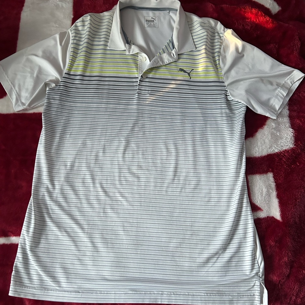 This is a green and white polo from puma.